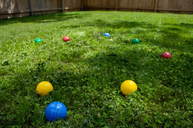 Large grassy backyard with bocce ball