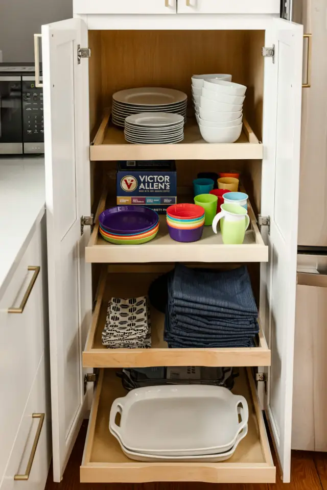 Kitchen essentials: plates, bowls, kids' dishes and cups, cloth napkins, placemats, and serving platters