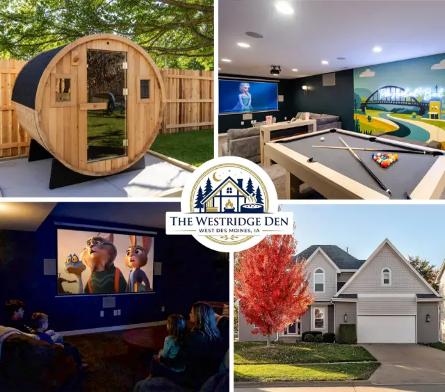 The Westridge Den, West Des Moines: sauna, game room, movie theater and house exterior